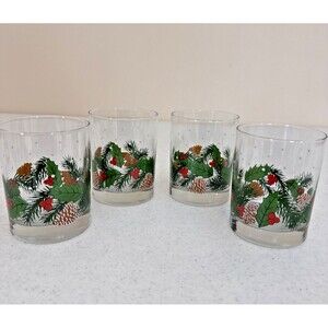 Libbey Glasses Christmas Holly Pine cones Set Of 4 Vintage Clear Green Red